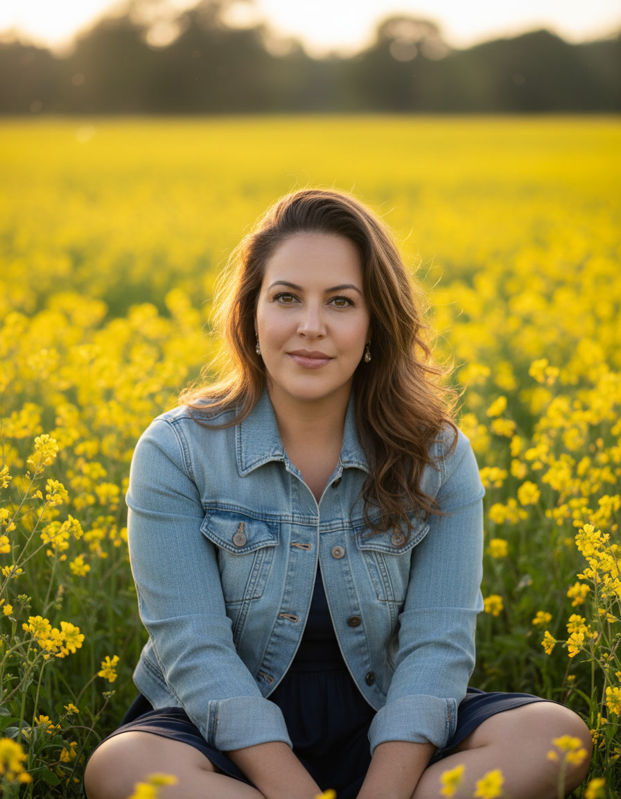 Nicole van Divine Balance in een bloemenveld